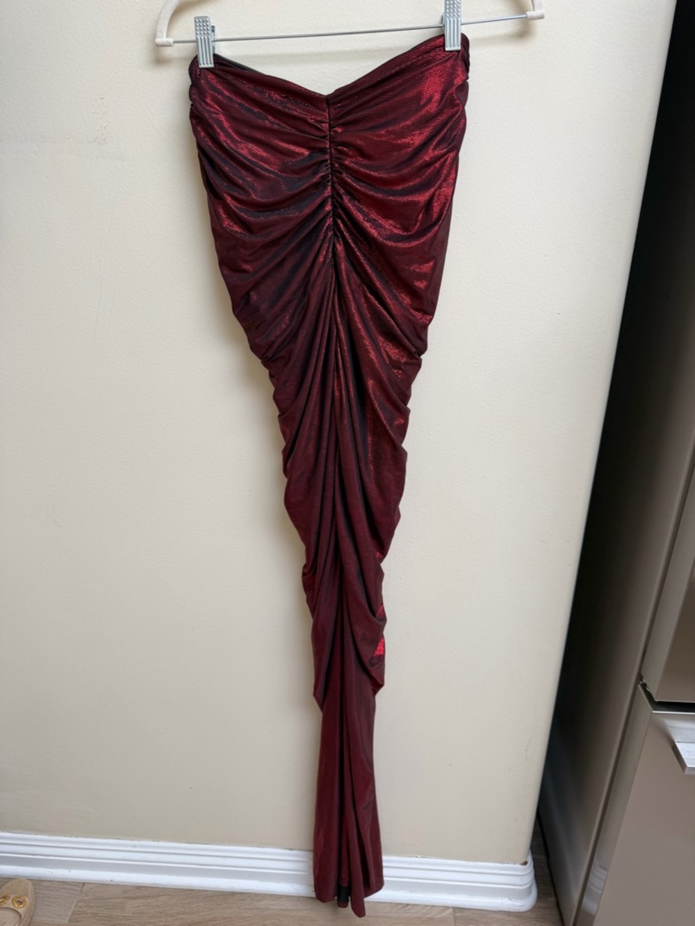 Saints and Secrets Ruched Metallic Burgundy Maxi Dress